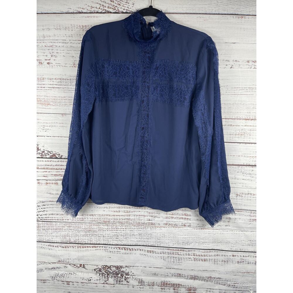 Miri Blouse Women's XL Navy Blue Sheer Lace Trim Long Sleeve High Neck Top NWT